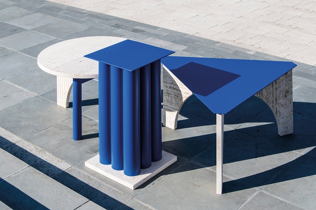 TuttoSesto, a collection of coffee tables in travertine and blue by Davide G. Aquini.