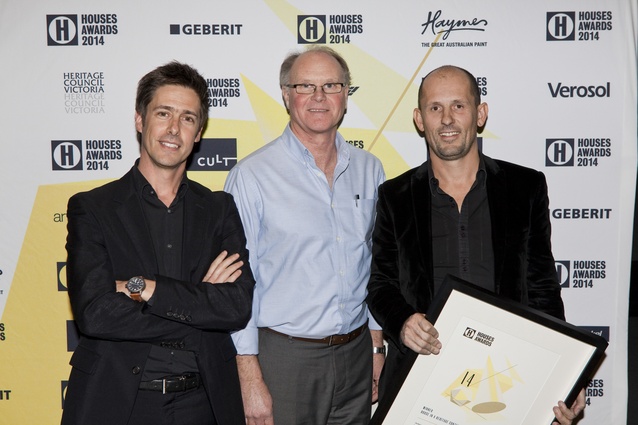 Joint winner of House in a Heritage Context Graham Burrows (left) and Jon Clements (right) with Jim Norris of Heritage Council of Victoria.