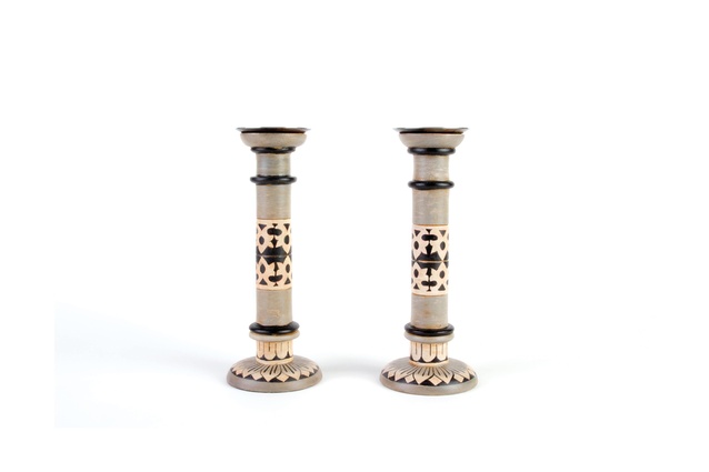 Hand-painted wooden candlestick holder I $125 each from
<a
href="https://wendybradford.co.nz/shop/hand-painted-wooden-candlestick-holder-large-greypattern/" target="_blank"><u>wendybradford.co.nz</u></a>