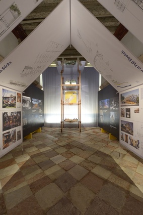 Looking through the tent-like structure that is the main element of the exhibition.