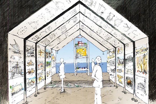 A concept sketch for the New Zealand Exhibition at the 14th Venice Architecture Biennale by Julie Stout, 2014.