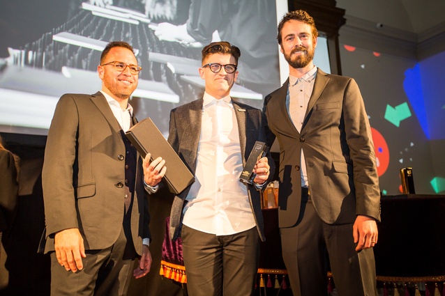 Federico Monsalve (editor of Interior magazine and Interior Awards convenor) with Luke Scott (Scott Associates) and Clark Bardsley (Clark Bardsley Design).